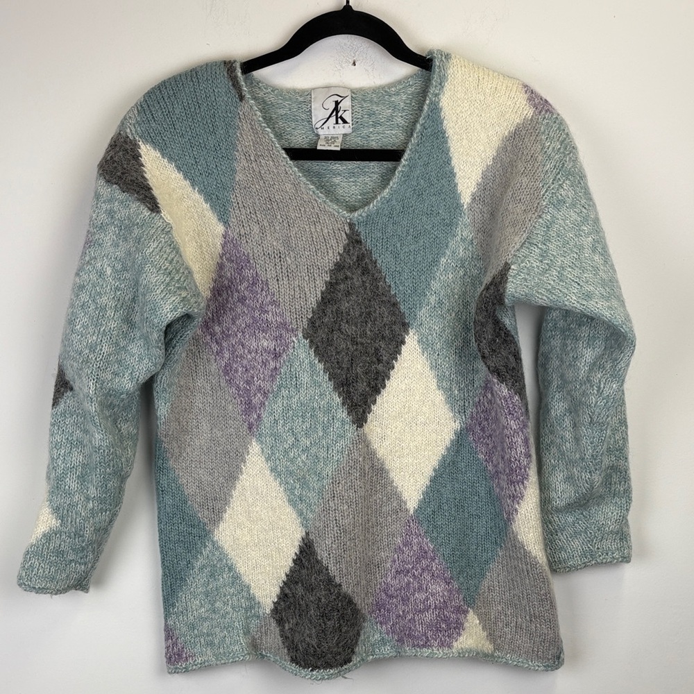 Vintage AK America Womens Mohair Blend Sweater V Neck Argyle  Size 18/20